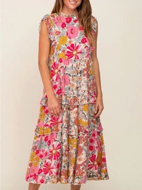 JODIFL Pink, Mustard & Cream Floral Tiered Midi Dress